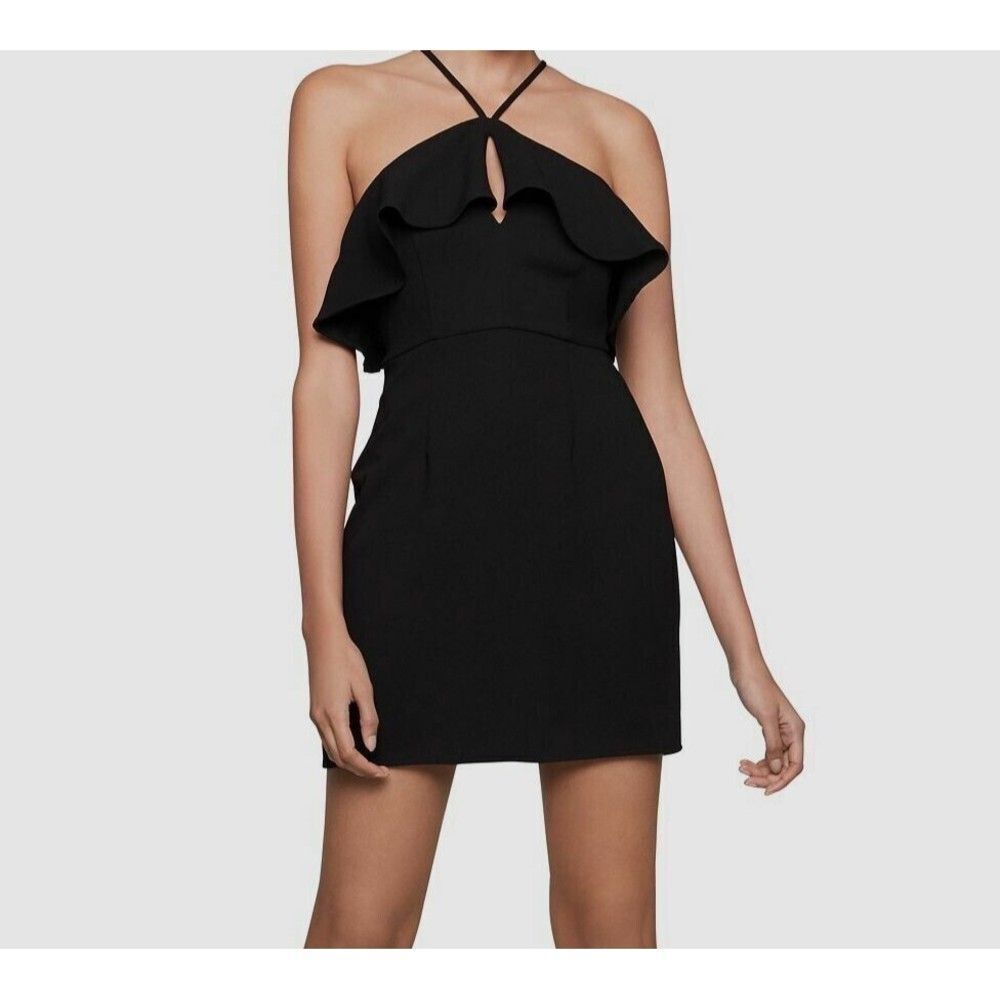 BCBGeneration Dress Womens 4 Black Halter Ruffled Sheath Cocktail Strappy